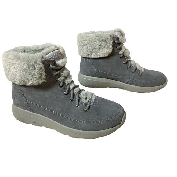 Skechers Boots 7.5 On The Go Winter Chill Gray Suede Leather Lace Up Ankle - Picture 2 of 11